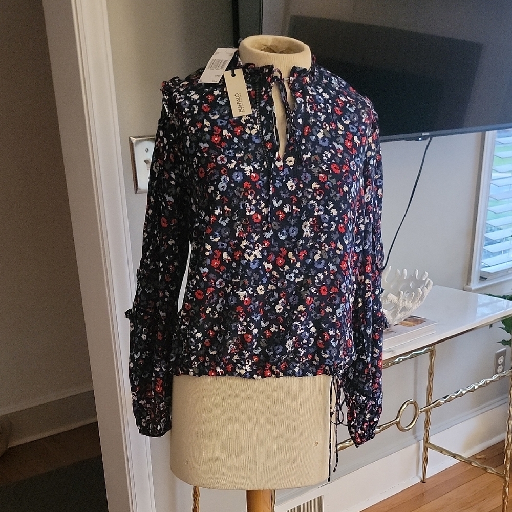 Buffalo David Bitton Navy Floral Ruffle-Trim Long Sleeve Blouse